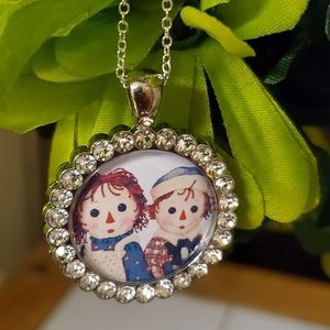Raggedy Ann And Andy Bling silver necklace rhinestones cute gift with gift box